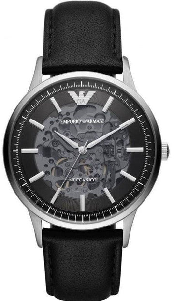  Shop Authentic Emporio Armani Meccanico Skeleton Automatic Black Dial Black Leather Strap Watch for Men - AR60038 - Luxxuri