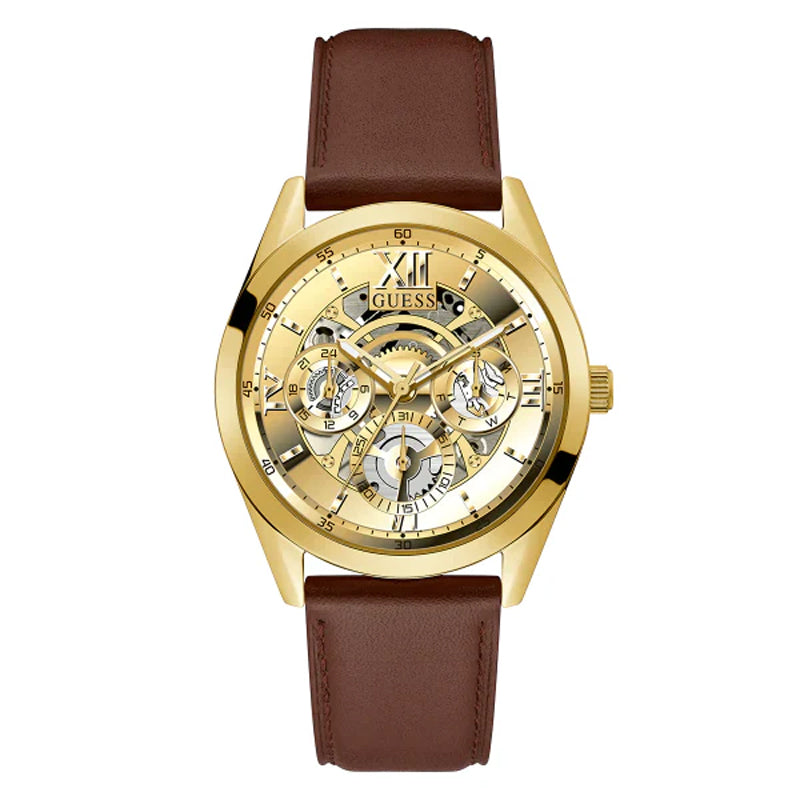  Shop Authentic Guess Multifunction Chronograph Gold Dial Brown Leather Strap Watch For Men - GW0389G5 - Luxxuri