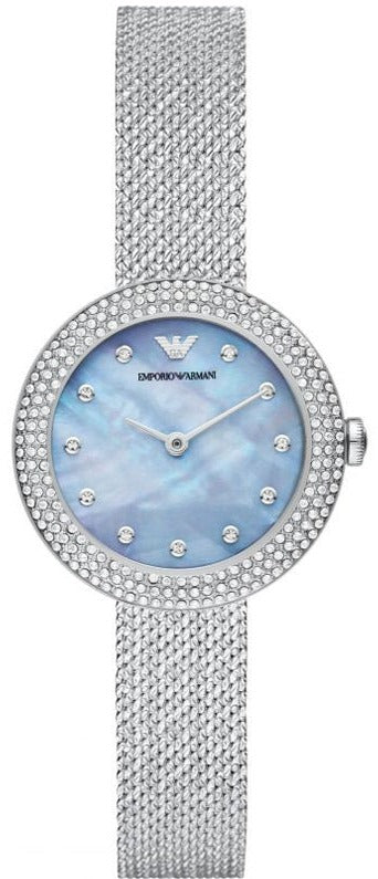  Shop Authentic Emporio Armani Rosa Diamonds Mother of Pearl Blue Dial Silver Mesh Bracelet Watch For Women - AR11380 - Luxxuri