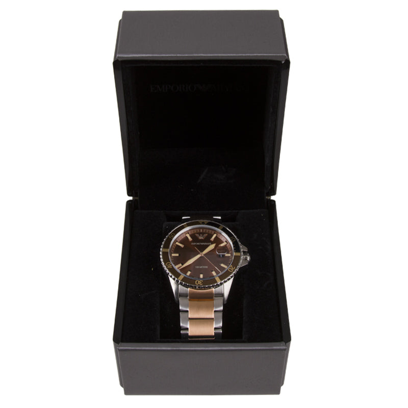  Shop Authentic Emporio Armani Diver Quartz Brown Dial Two Tone Steel Strap Watch For Men - AR11340 - Luxxuri