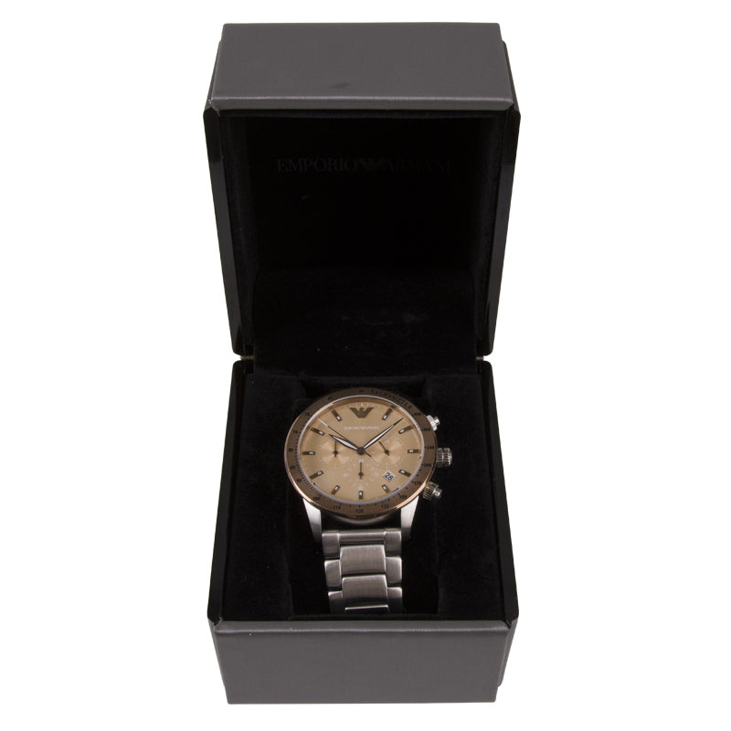  Shop Authentic Emporio Armani Mario Chronograph Beige Dial Silver Steel Strap Watch For Men - AR11352 - Luxxuri