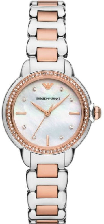  Shop Authentic Emporio Armani Three Hand Quartz Mother of Pearl Dial Two Tone Steel Strap Watch For Women - AR11569 - Luxxuri