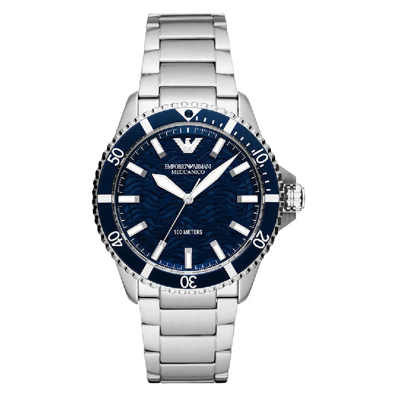  Shop Authentic Emporio Armani Meccanico Automatic Blue Dial Silver Steel Strap Watch For Men - AR60059 - Luxxuri