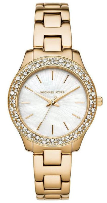  Shop Authentic Michael Kors Liliane Mother of Pearl White Dial Gold Steel Strap Watch For Women - MK4555 - Luxxuri