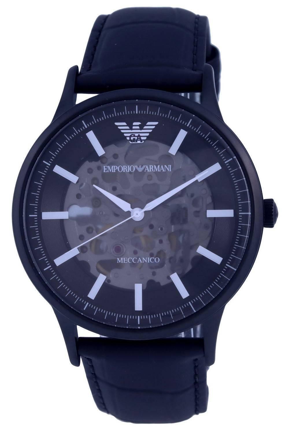  Shop Authentic Emporio Armani Meccanico Automatic Black Dial Black Leather Strap Watch For Men - AR60042 - Luxxuri