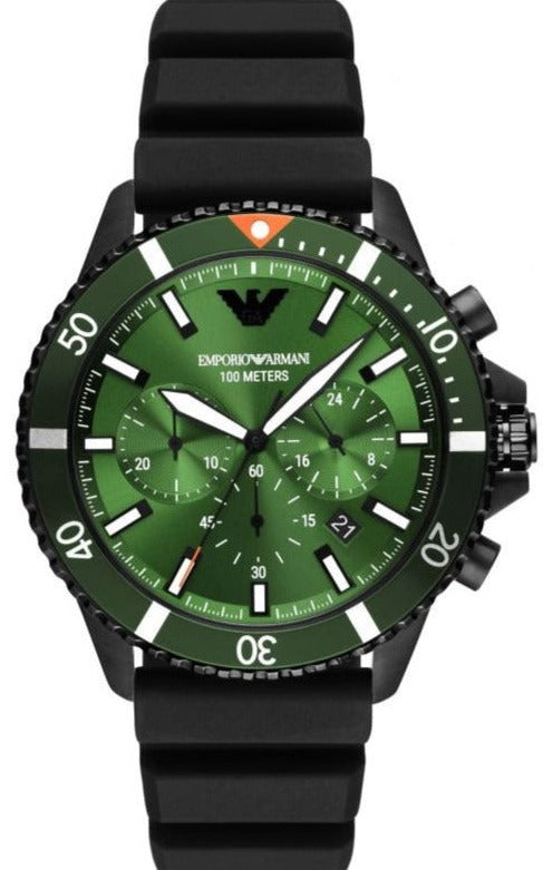  Shop Authentic Emporio Armani Diver Chronograph Quartz Green Dial Black Silicon Strap Watch For Men - AR11463 - Luxxuri