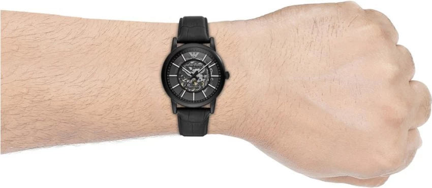 Emporio Armani Meccanico Automatic Skeleton Dial Black Leather Strap Watch For Men - AR60008
