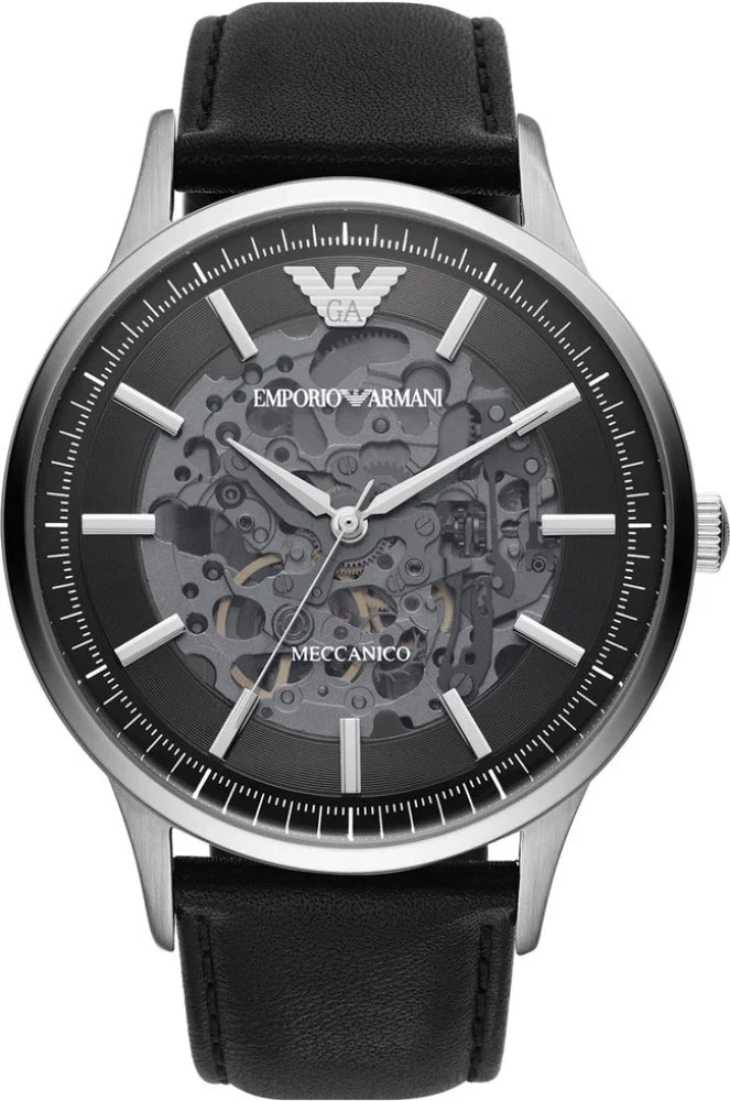  Shop Authentic Emporio Armani Meccanico Skeleton Automatic Black Dial Black Leather Strap Watch for Men - AR60038 - Luxxuri