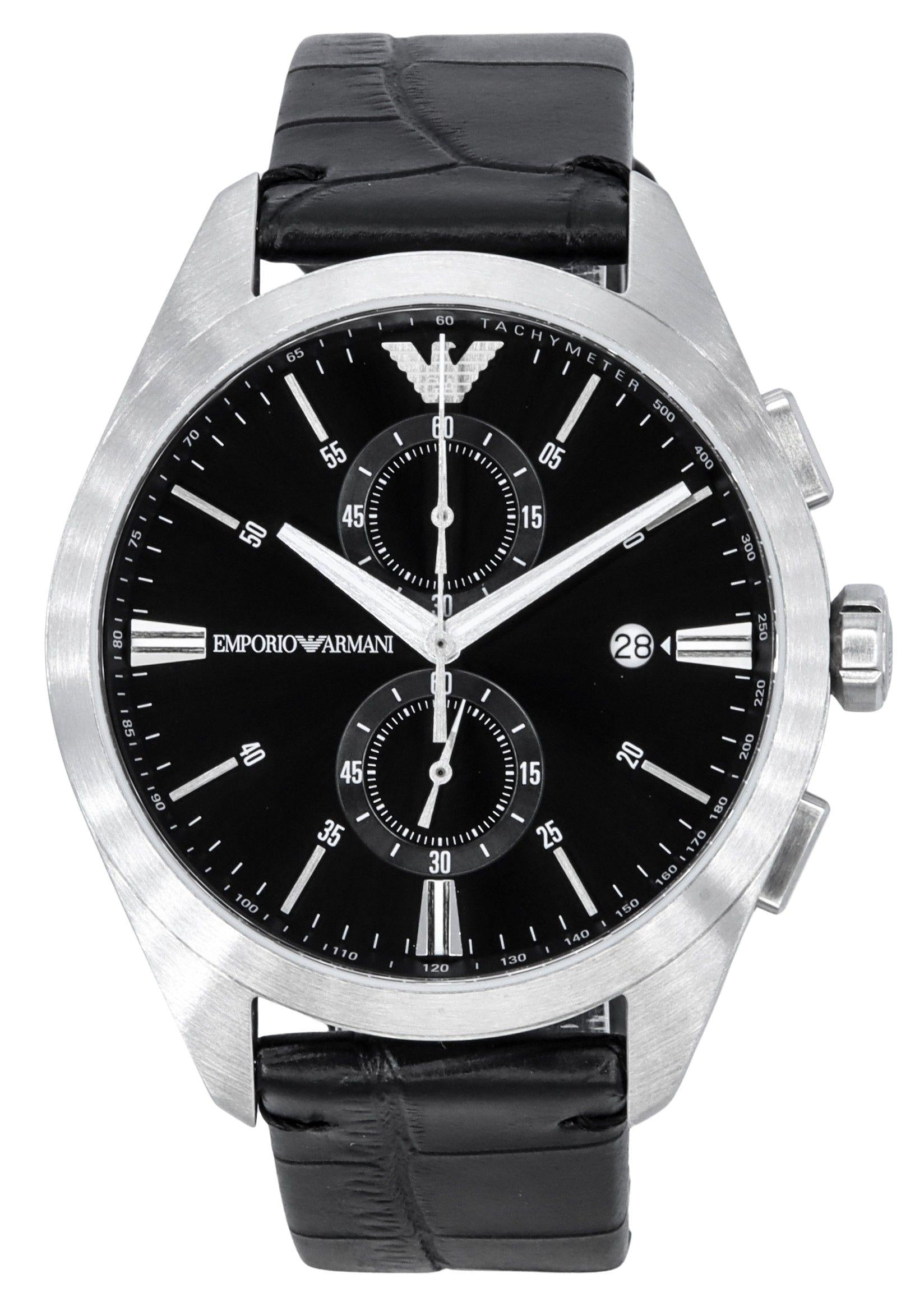 Emporio Armani Claudio Chronograph Black Dial Black Leather Strap Watch For Men - AR11542