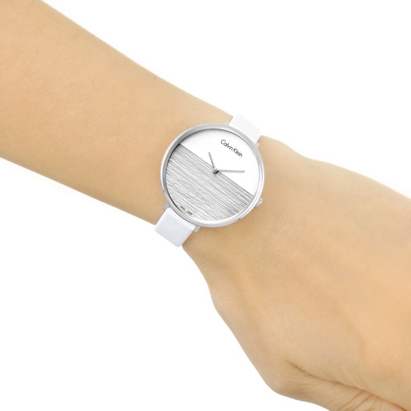  Shop Authentic Calvin Klein Rise White Grey Dial White Leather Strap Watch for Women - K7A231L6 - Luxxuri