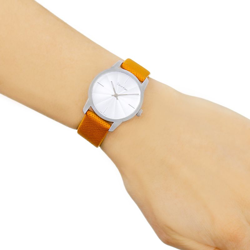  Shop Authentic Calvin Klein City Silver Dial Orange Leather Strap Watch for Women - K2G231G6 - Luxxuri