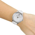  Shop Authentic Swarovski Crystalline Hours Silver Dial White Leather Strap Watch for Women - 5295383 - Luxxuri