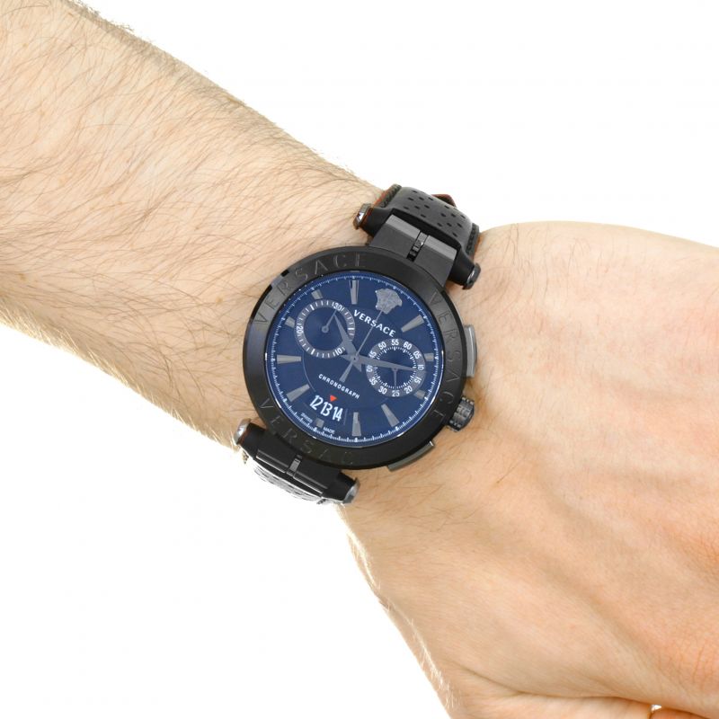 Versace V-Racer Aion Chronograph Black Dial Black Leather Strap Watch for Men - VBR030017