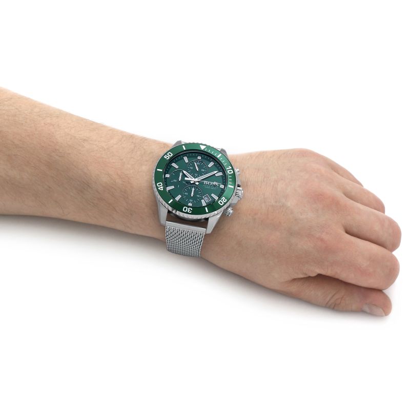 Hugo Boss Admiral Green Dial Silver Mesh Bracelet Watch for Men - 1513905