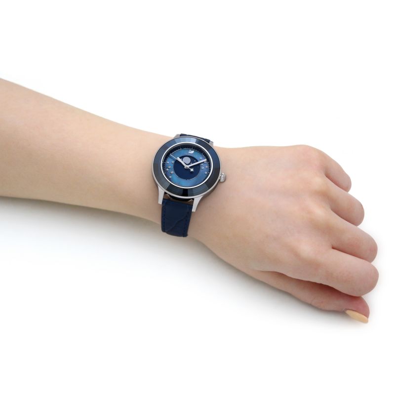  Shop Authentic Swarovski Octea Lux Moon Crystal Blue Dial Blue Leather Strap Watch for Women - 5516305 - Luxxuri