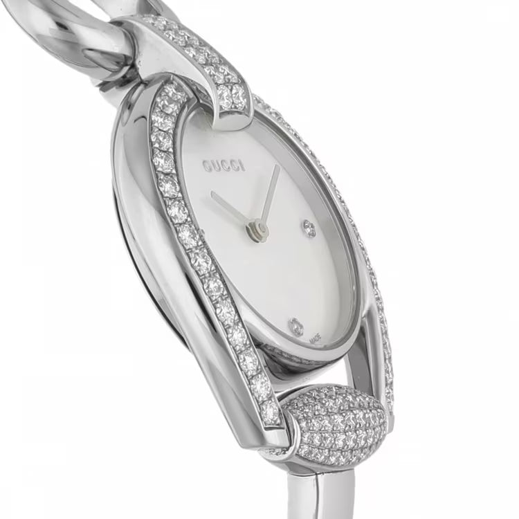  Shop Authentic Gucci Horsebit Collection Diamonds Mother of Pearl Dial Silver Steel Strap Watch For Women - YA139505 - Luxxuri
