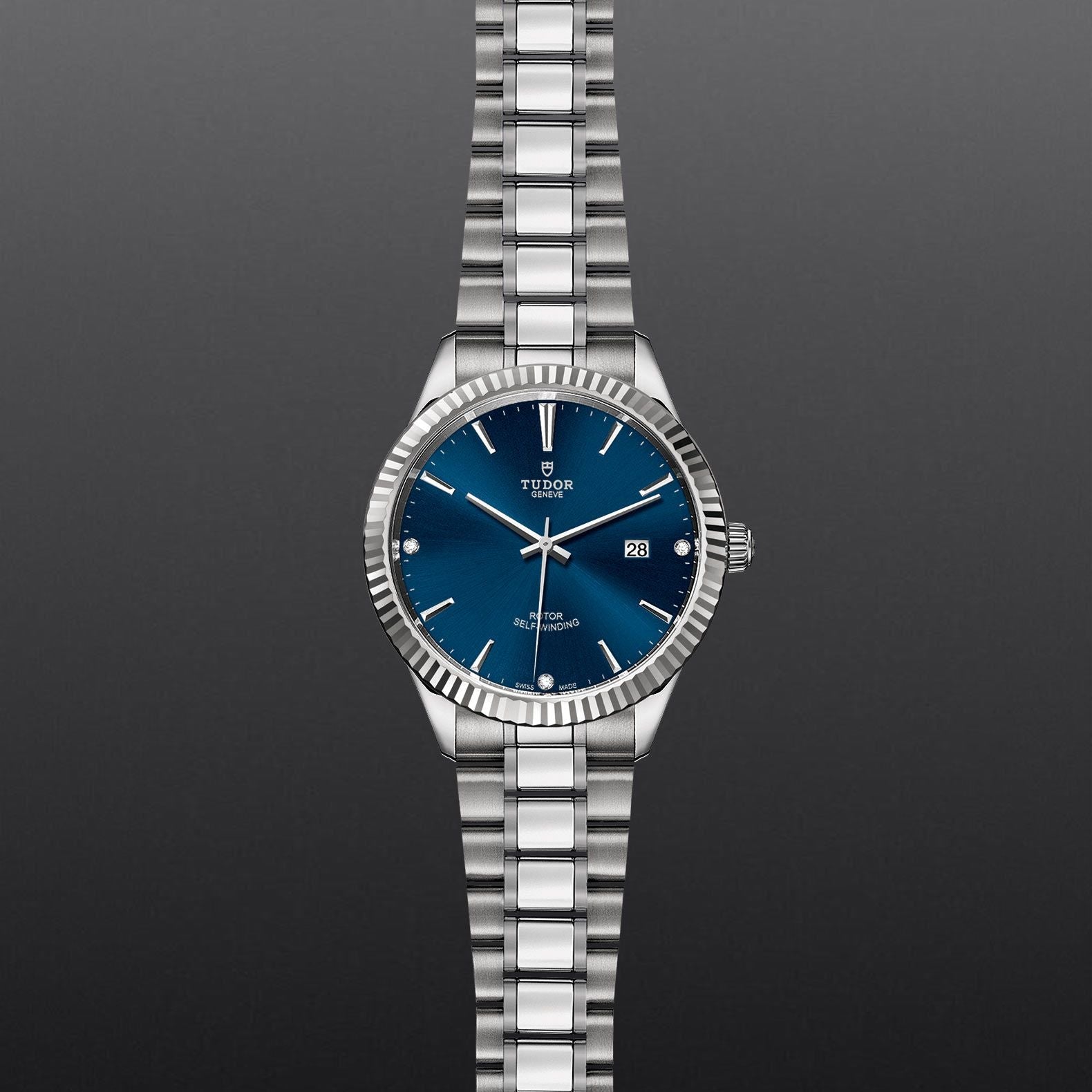 Tudor Style Automatic Diamonds Blue Dial Silver Steel Strap Watch for Men - M12710-0017