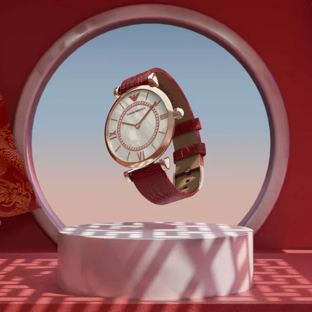  Shop Authentic Emporio Armani Gianni T-Bar Analog Mother of Pearl Dial Red Leather Strap Watch For Women - AR11322 - Luxxuri