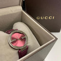  Shop Authentic Gucci Interlocking G Quartz Pink Dial Pink Leather Strap Watch For Women - YA133321 - Luxxuri