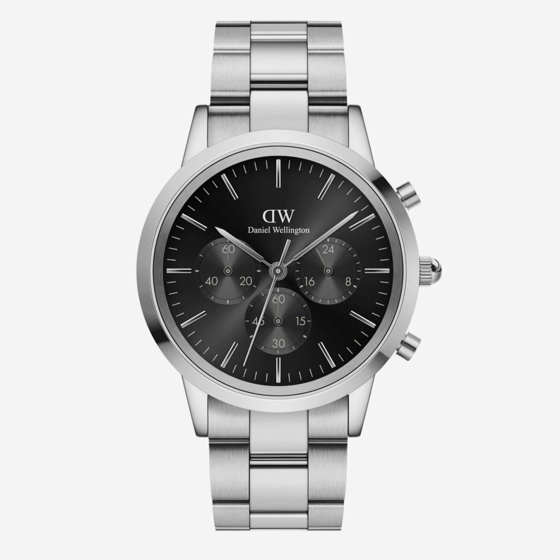 Daniel Wellington Iconic Chronograph Link Black Dial Silver Steel Strap Watch For Men  - DW00100645