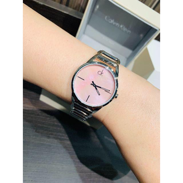  Shop Authentic Calvin Klein Stately Pink Mother of Pearl Dial Silver Steel Strap Watch for Women - K3G2312E - Luxxuri
