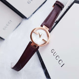 Shop Authentic Gucci G Interlocking Mother of Pearl Dial Brown Leather Strap Watch For Women - YA133516 - Luxxuri