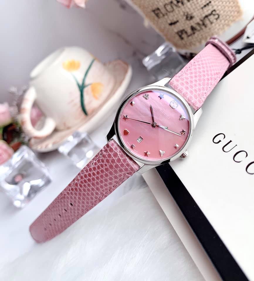  Shop Authentic Gucci G-Timeless Pink Mother of Pearl Dial Pink Leather Strap Watch For Women - YA126586 - Luxxuri