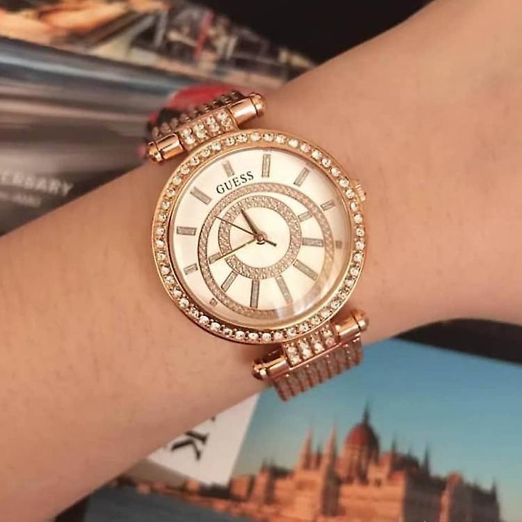 Guess Muse Quartz Silver Dial Rose Gold Steel Strap Watch For Women - W1008L3