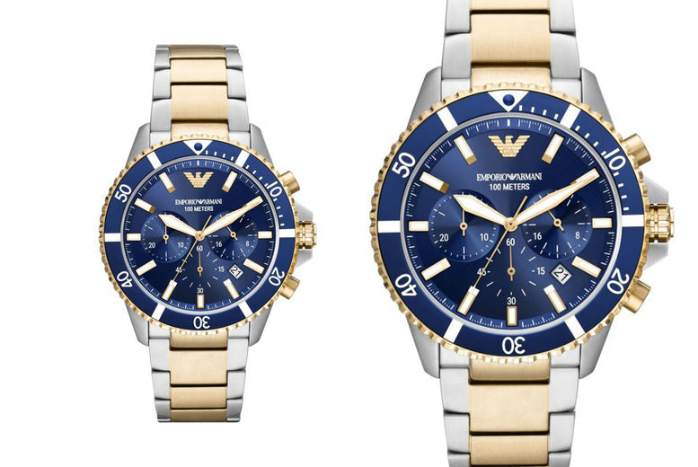 Shop Authentic Emporio Armani Mario Chronograph Blue Dial Two Tone Steel Strap Watch For Men - AR11362 - Luxxuri