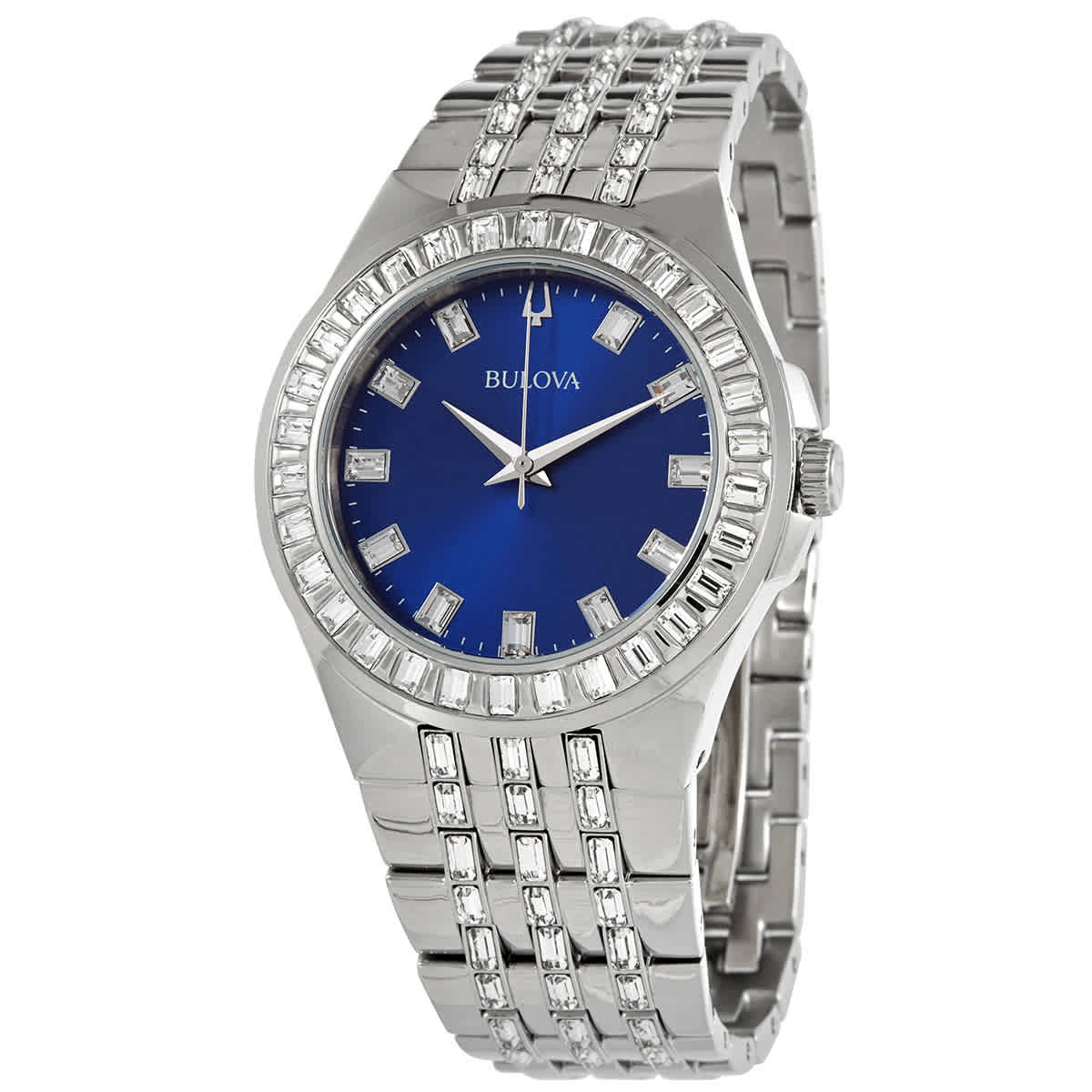  Shop Authentic Bulova Phantom Baguette Crystal Blue Dial Silver Steel Strap Watch for Men - 96A254 - Luxxuri