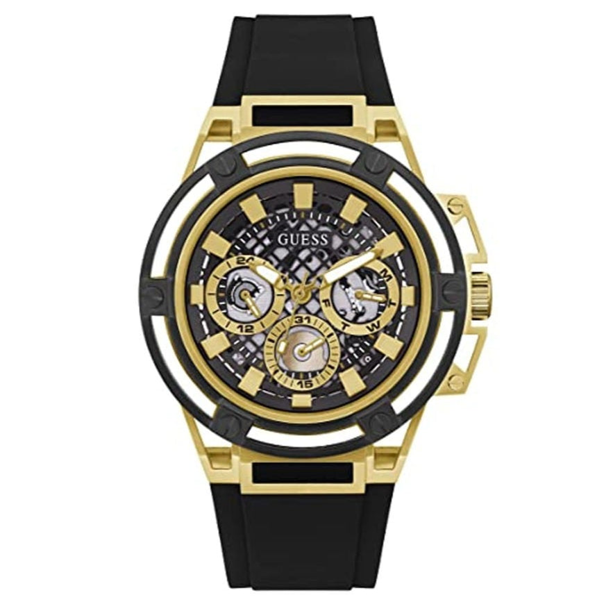  Shop Authentic Guess Matrix Multifunction Gold Dial Black Rubber Strap Watch For Men - GW0423G2 - Luxxuri