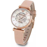  Shop Authentic Emporio Armani Meccanico Silver Skeleton Dial Beige Leather Strap Watch For Women - AR60001 - Luxxuri