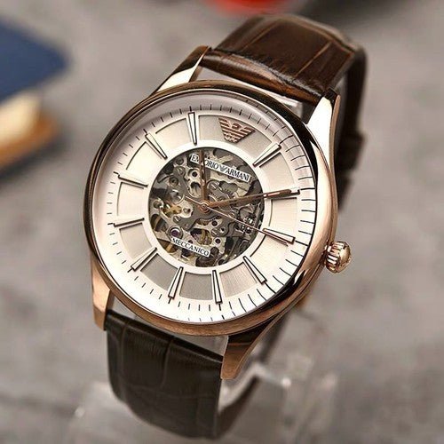 Emporio Armani Epoca White Skeletal Dial Black Leather Strap Watch For Men - AR2073