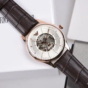  Shop Authentic Emporio Armani Epoca White Skeletal Dial Black Leather Strap Watch For Men - AR2073 - Luxxuri