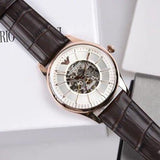  Shop Authentic Emporio Armani Epoca White Skeletal Dial Black Leather Strap Watch For Men - AR2073 - Luxxuri