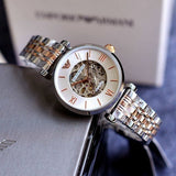  Shop Authentic Emporio Armani Gianni T Bar Silver Skeleton Dial Two Tone Strap Watch For Women - AR1992 - Luxxuri