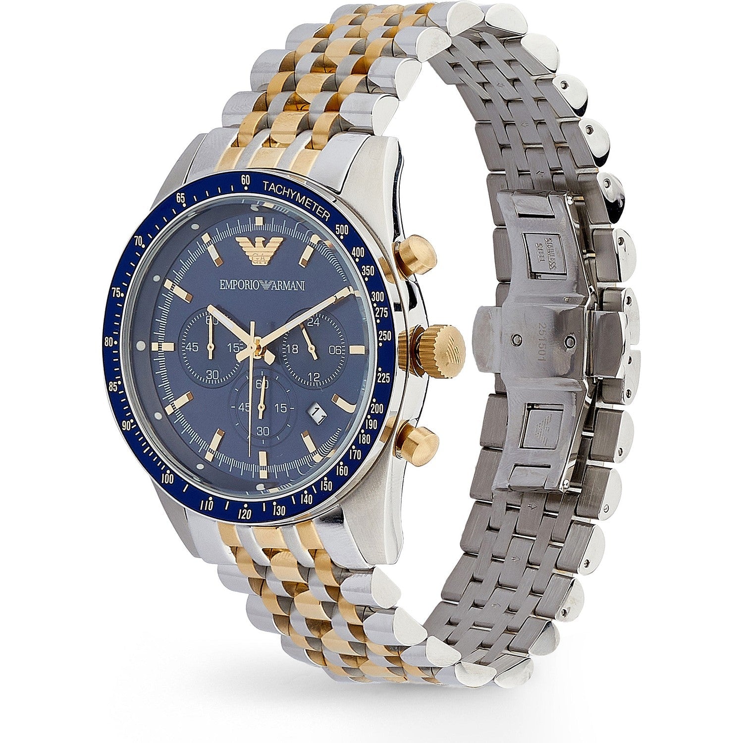  Shop Authentic Emporio Armani Tazio Chronograph Blue Dial Gold & Silver Stainless Steel Strap Watch For Men - AR8030 - Luxxuri