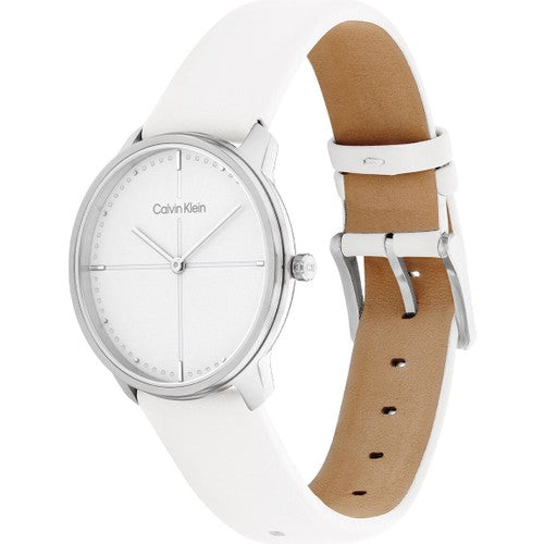  Shop Authentic Calvin Klein Accent Silver Dial White Leather Strap Watch for Women - K2Y2X1K6 - Luxxuri