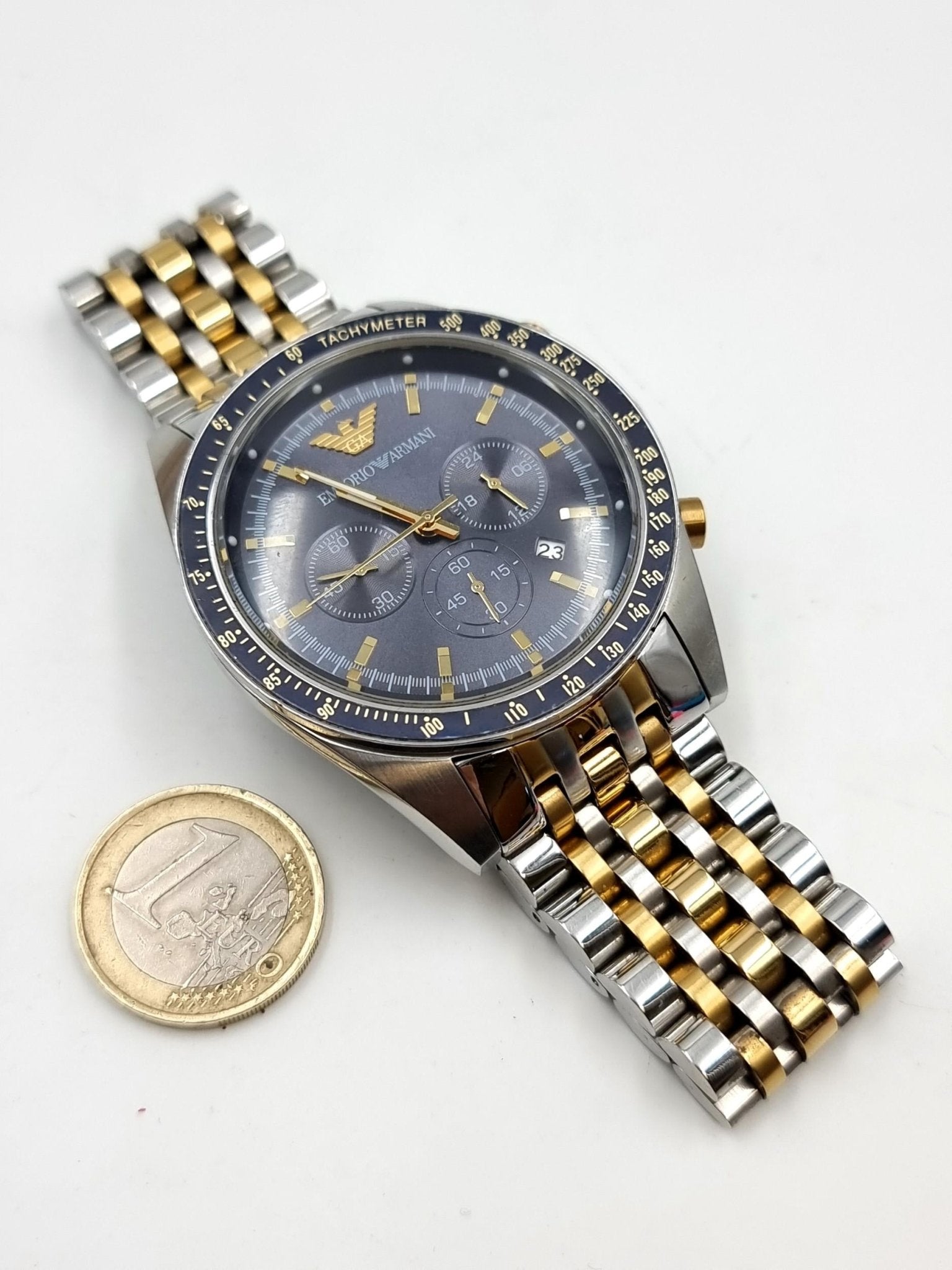  Shop Authentic Emporio Armani Tazio Chronograph Blue Dial Two Tone Stainless Steel Watch For Men - AR6088 - Luxxuri