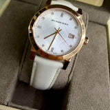  Shop Authentic Burberry The City Diamonds White Dial White Leather Strap Watch for Women - BU9130 - Luxxuri