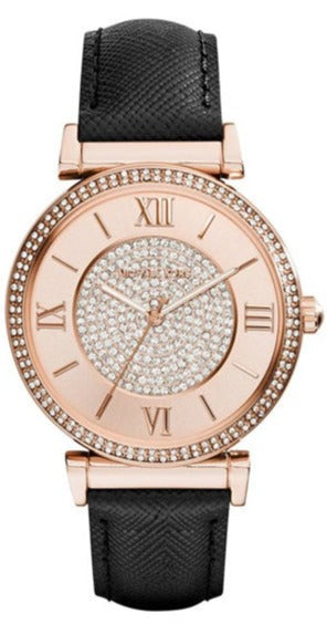  Shop Authentic Michael Kors Catlin Rose Gold Crystal Dial Black Leather Strap Watch for Women - MK2376 - Luxxuri