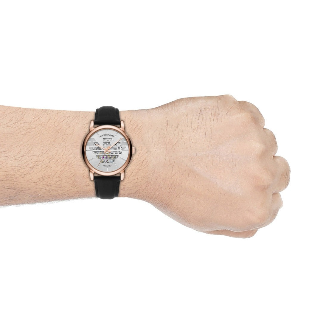  Shop Authentic Emporio Armani Meccanico Skeleton Silver Dial Black Leather Strap Watch For Men - AR60031 - Luxxuri