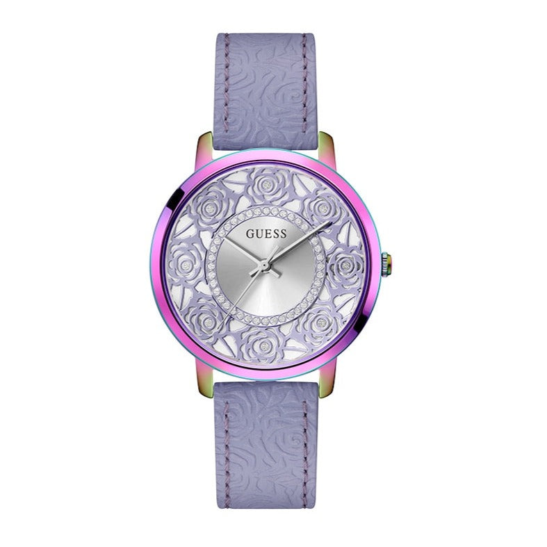  Shop Authentic Guess Dahlia Analog Silver Dial Purple Leather Strap Watch For Women - GW0529L4 - Luxxuri