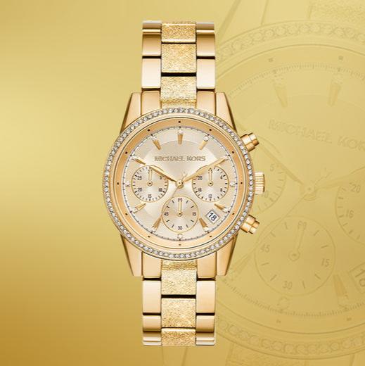  Shop Authentic Michael Kors Ritz Chronograph Gold Dial Gold Steel Strap Watch For Women - MK6597 - Luxxuri