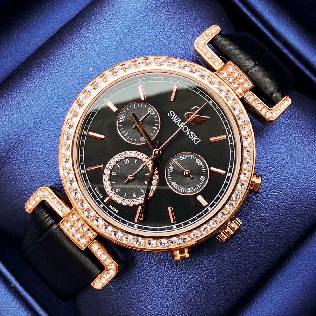  Shop Authentic Swarovski Era Journey Chronograph Black Dial Black Leather Strap Watch for Women - 5295320 - Luxxuri