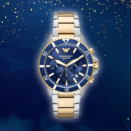  Shop Authentic Emporio Armani Mario Chronograph Blue Dial Two Tone Steel Strap Watch For Men - AR11362 - Luxxuri
