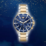  Shop Authentic Emporio Armani Mario Chronograph Blue Dial Two Tone Steel Strap Watch For Men - AR11362 - Luxxuri
