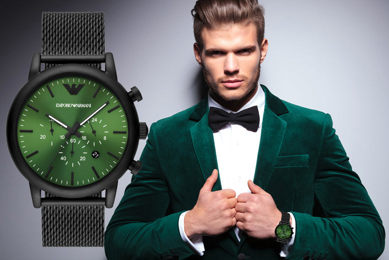  Shop Authentic Emporio Armani Luigi Chronograph Green Dial Black Mesh Bracelet Watch For Men - AR11470 - Luxxuri