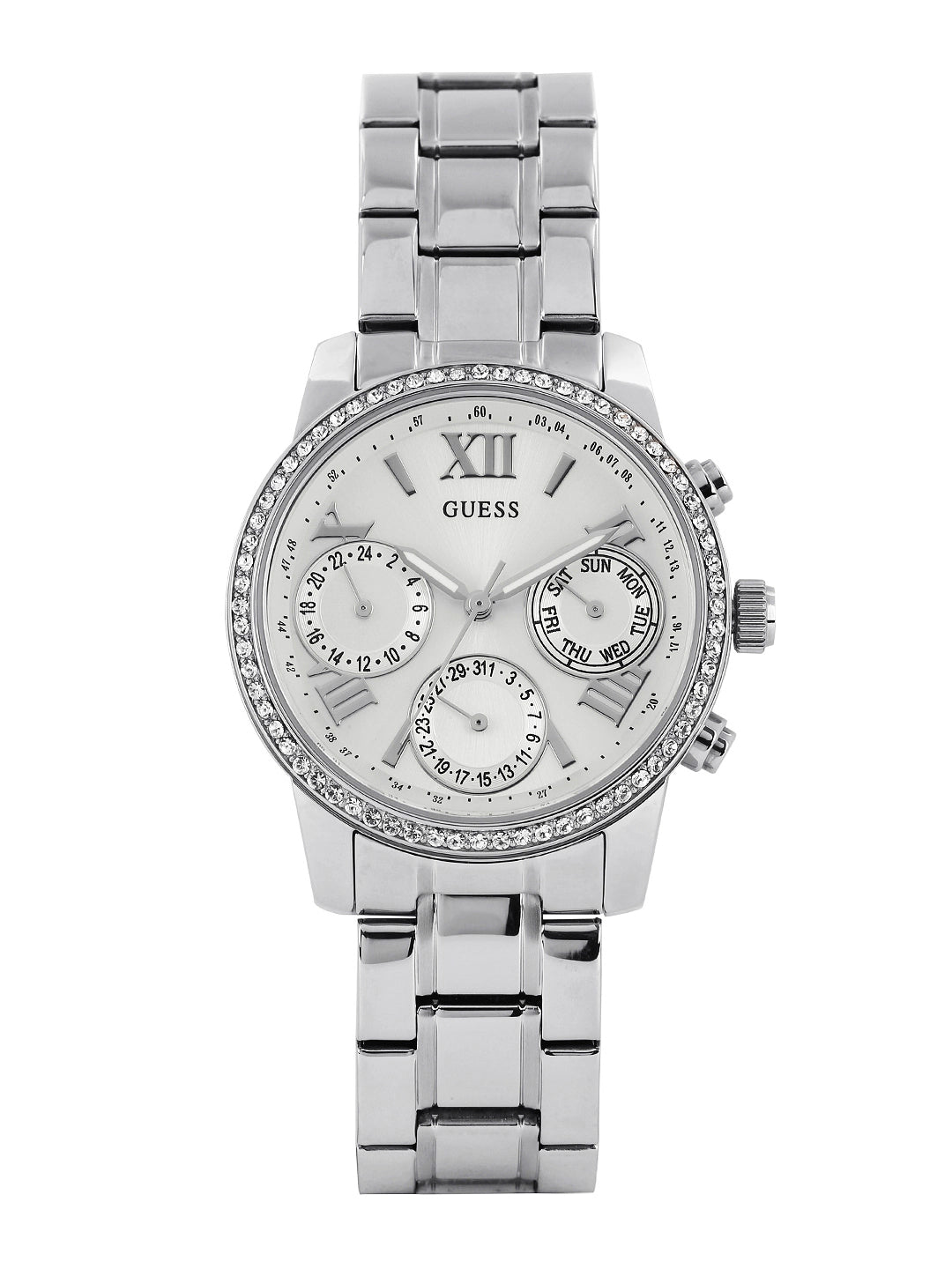  Shop Authentic Guess Mini Sunrise Chronograph Quartz Silver Dial Silver Steel Strap Watch For Women - W0623L1 - Luxxuri