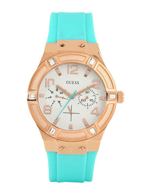  Shop Authentic Guess Jet Setter White Dial Turquoise Silicone Strap Watch For Women - W0564L3 - Luxxuri